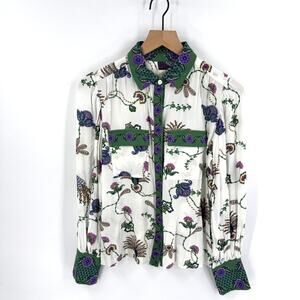 LOFT Floral Festival Artsy Button Front‎ Blouse Green Purple Boho Top XS Peacock